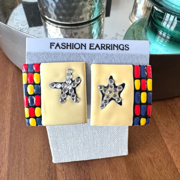 Vintage Enamel Square Star Earrings - Picture 5 of 6